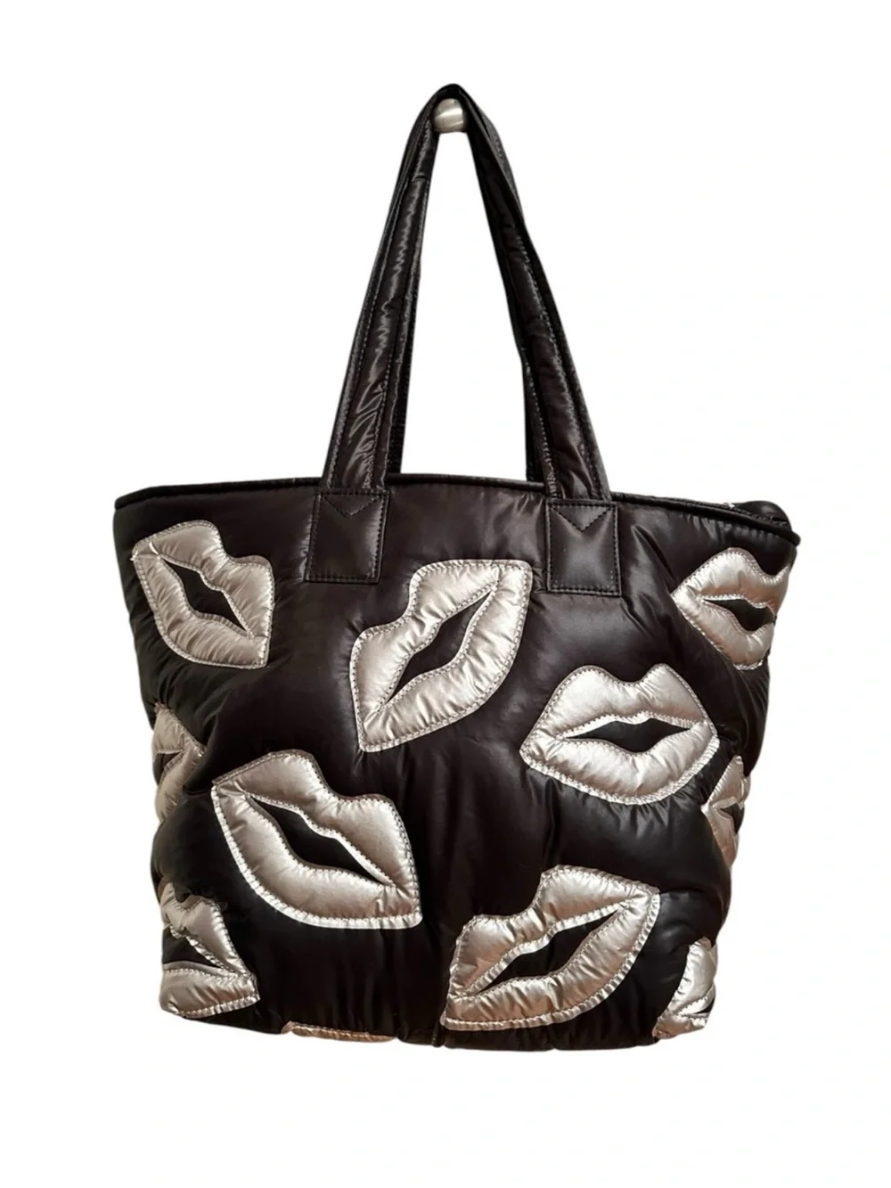 Wildfox Black Puffer Tote Silver Lip Appliqué Quilted Shoulder Bag NWT